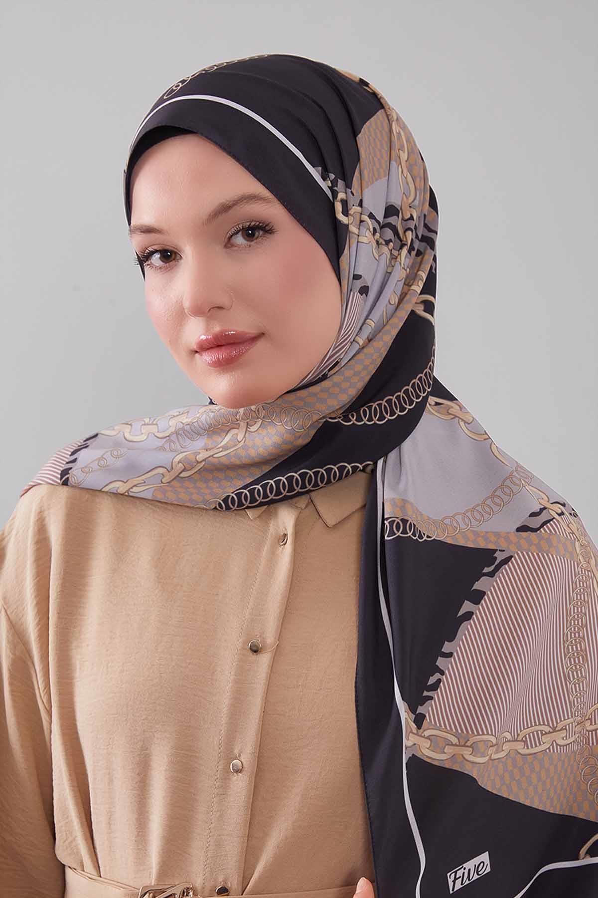 Fivescarf K.Lacivert Gold Zincir Desen Moos Chrep Şal