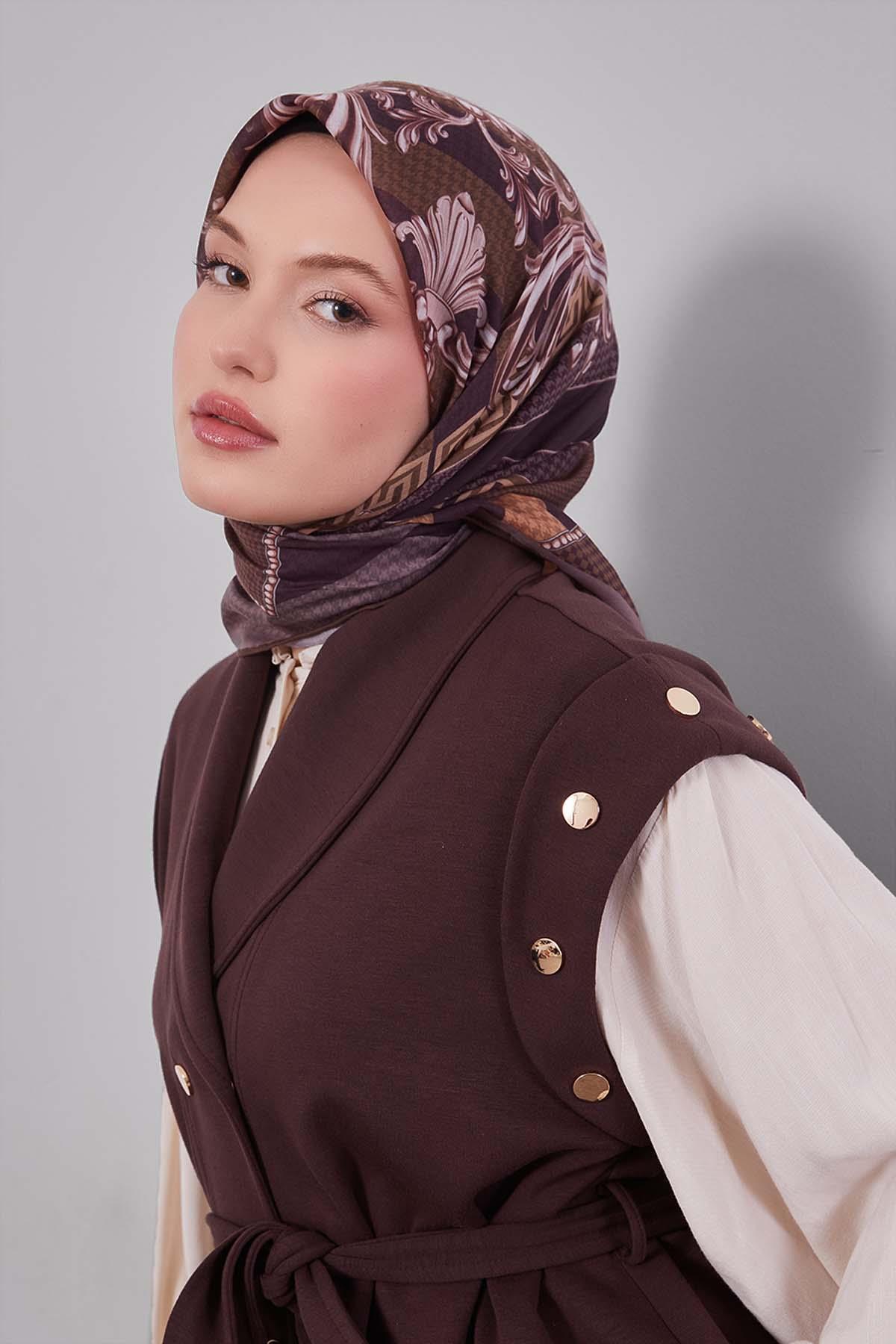 Fivescarf Kahve Boncuk Desen Silk Coton Eşarp