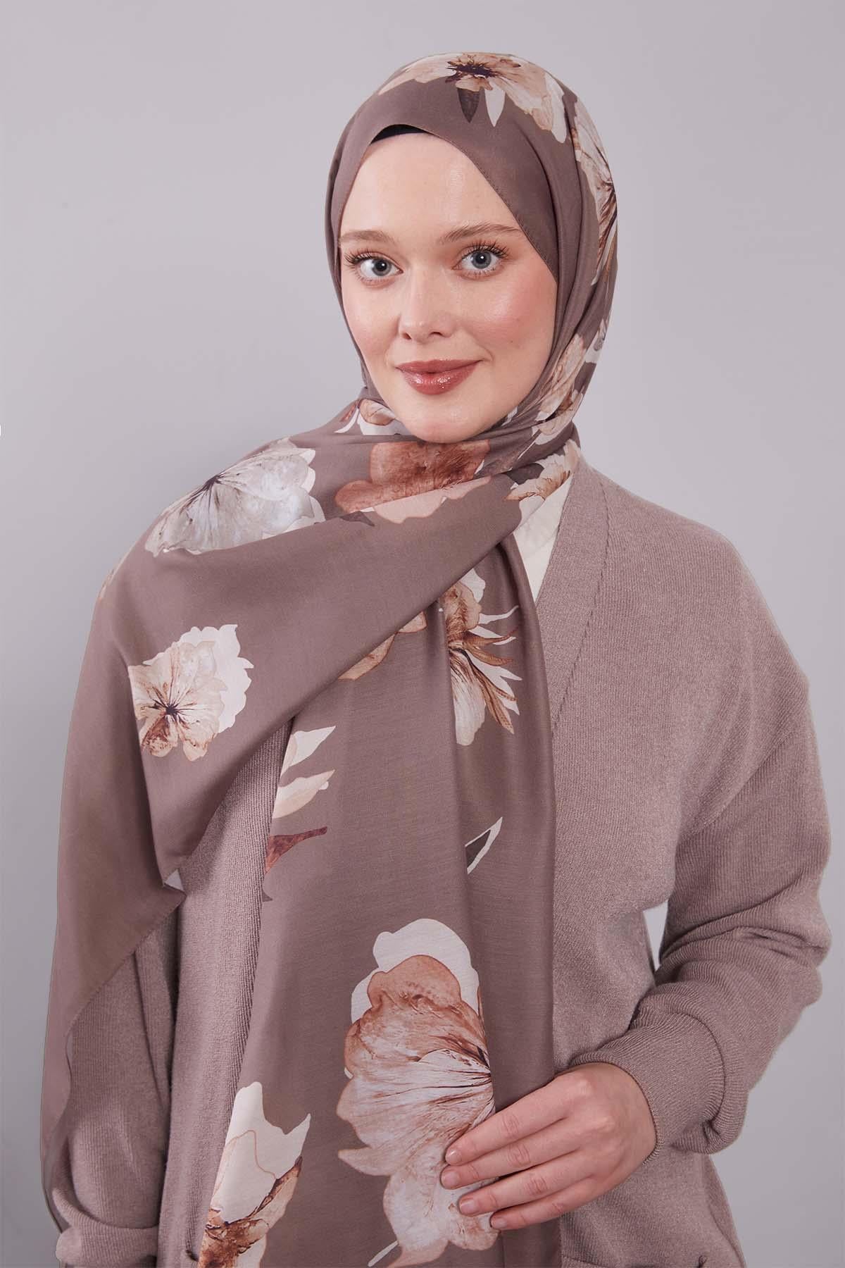 Fivescarf Kahve Çicek Desen Clover Şal