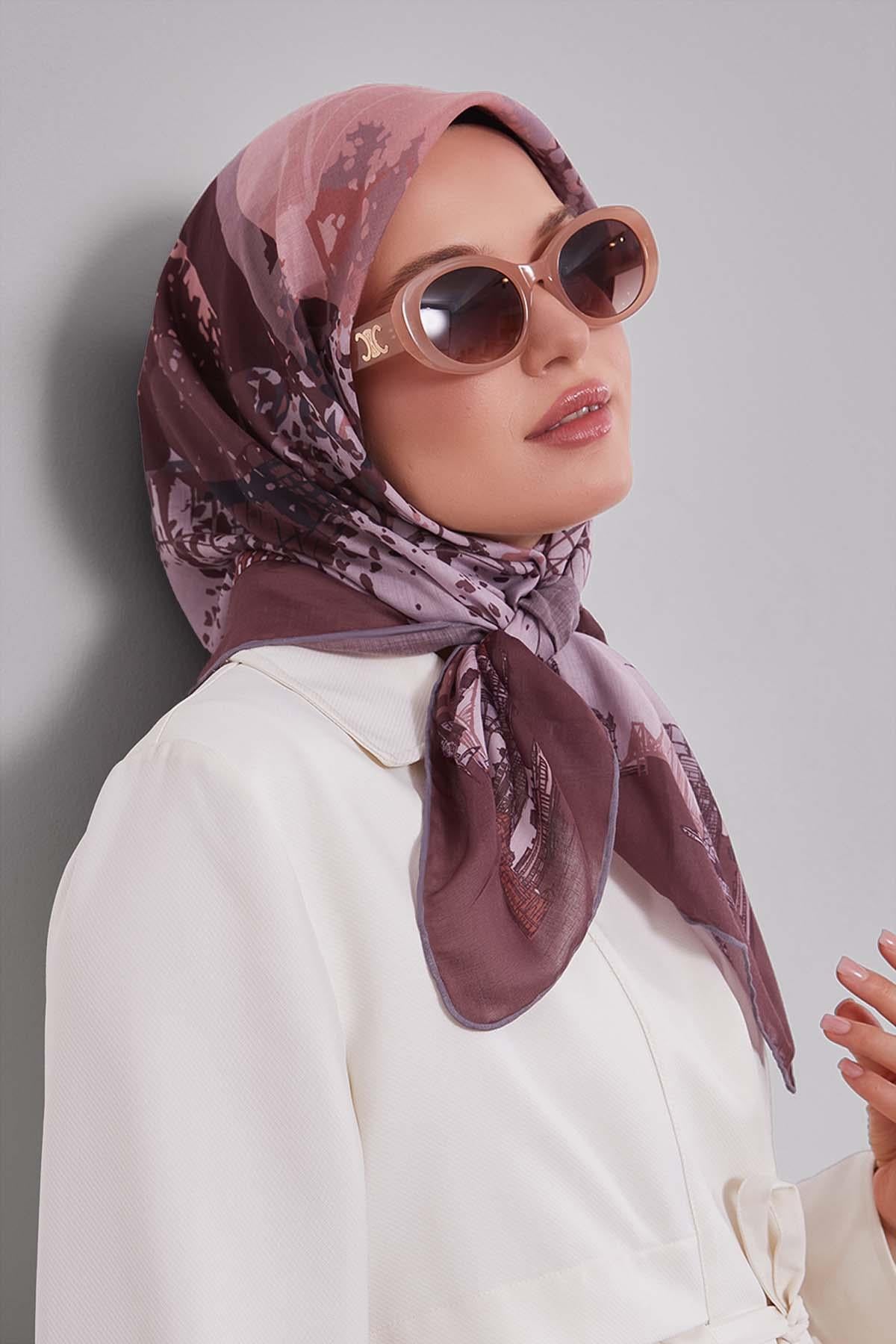 Fivescarf Kahve Manzara Desen Silk Coton Eşarp