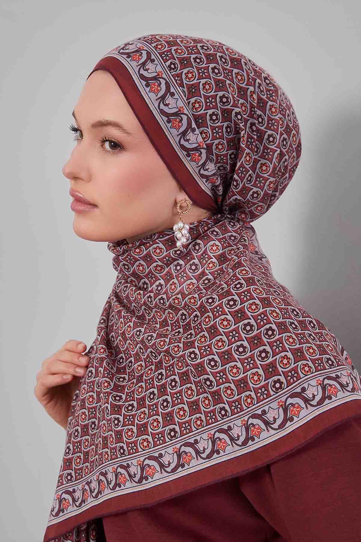 Fivescarf Kiremit Papatya Desen Silk Coton Eşarp
