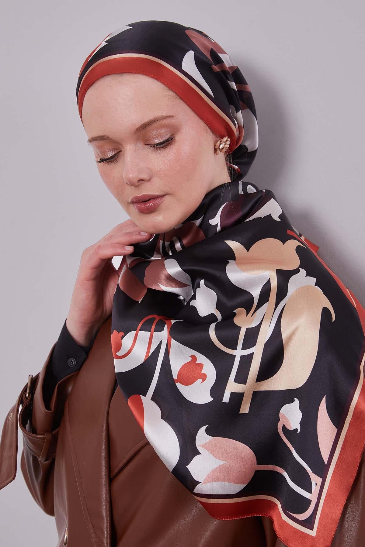Fivescarf Kırmızı-siyah Lale Desen Kristal Eşarp