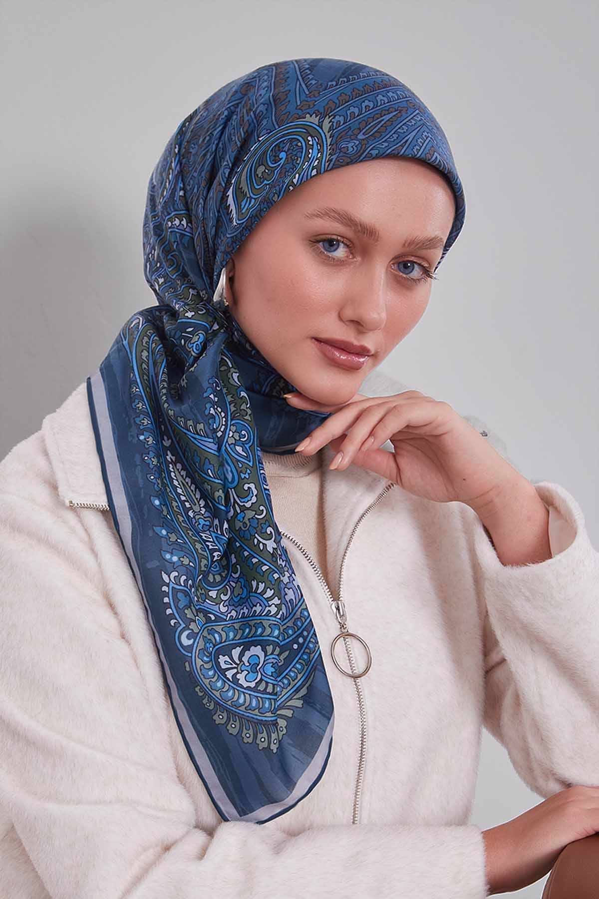 Fivescarf Kot Mavi Ebruli Desen Silk Coton Eşarp