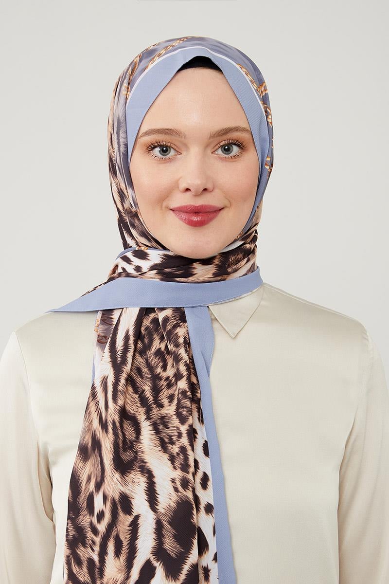 Fivescarf Kot Mavi Leopar Desen Violet Medine İpeği Şal