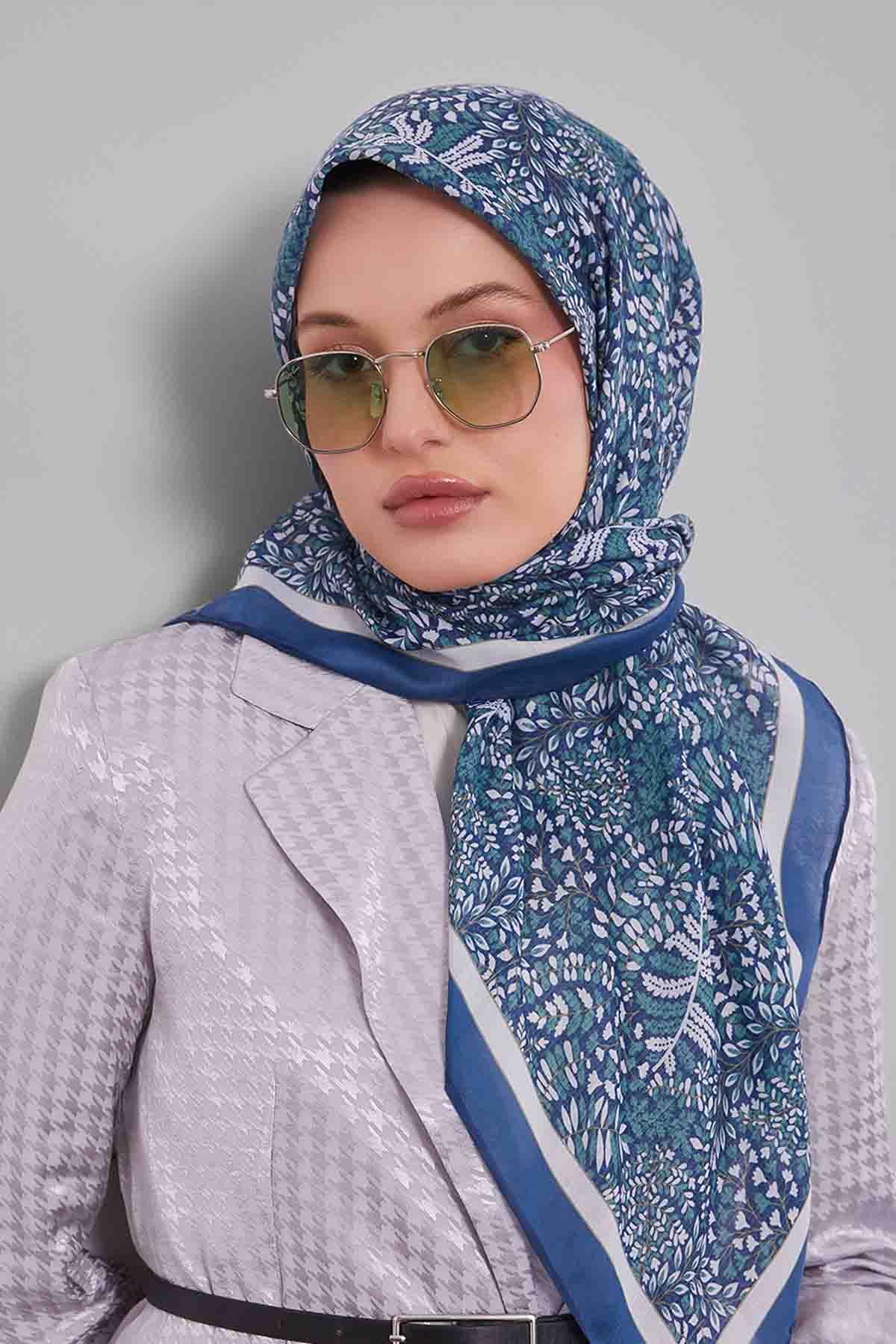 Fivescarf Kot Mavi Mini Yaprak Desen Silk Coton Eşarp