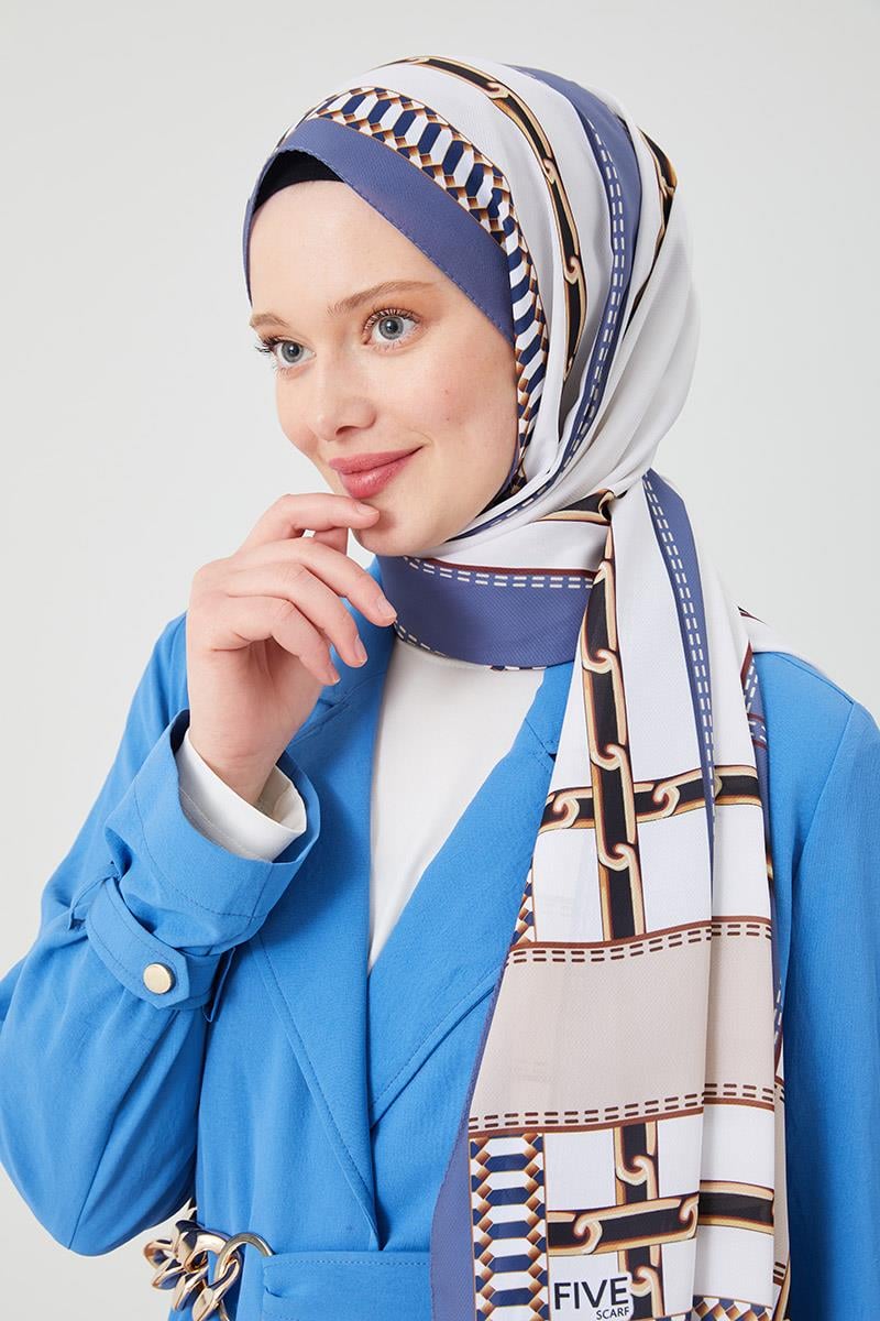Fivescarf Kot Mavi Zincir Desen Violet Medine İpeği Şal