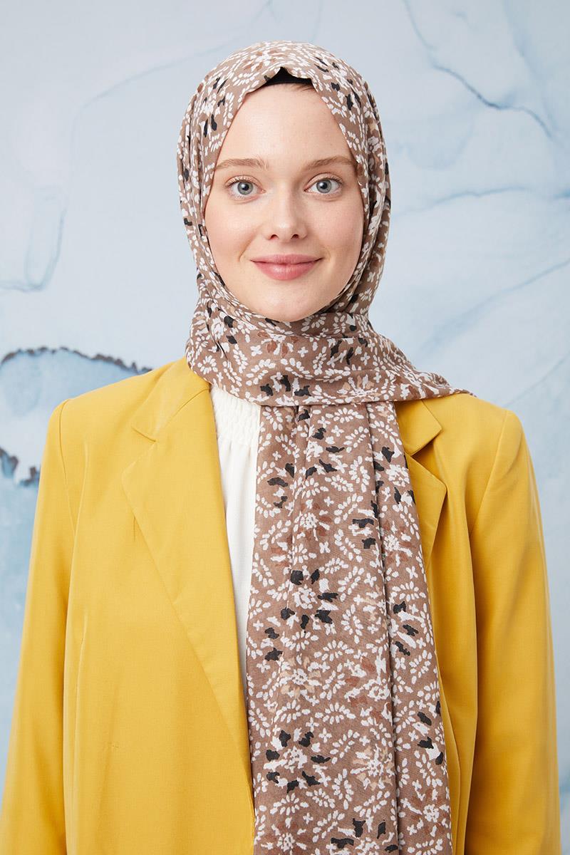 Fivescarf Koyu Bej Desenli Cotton Şal