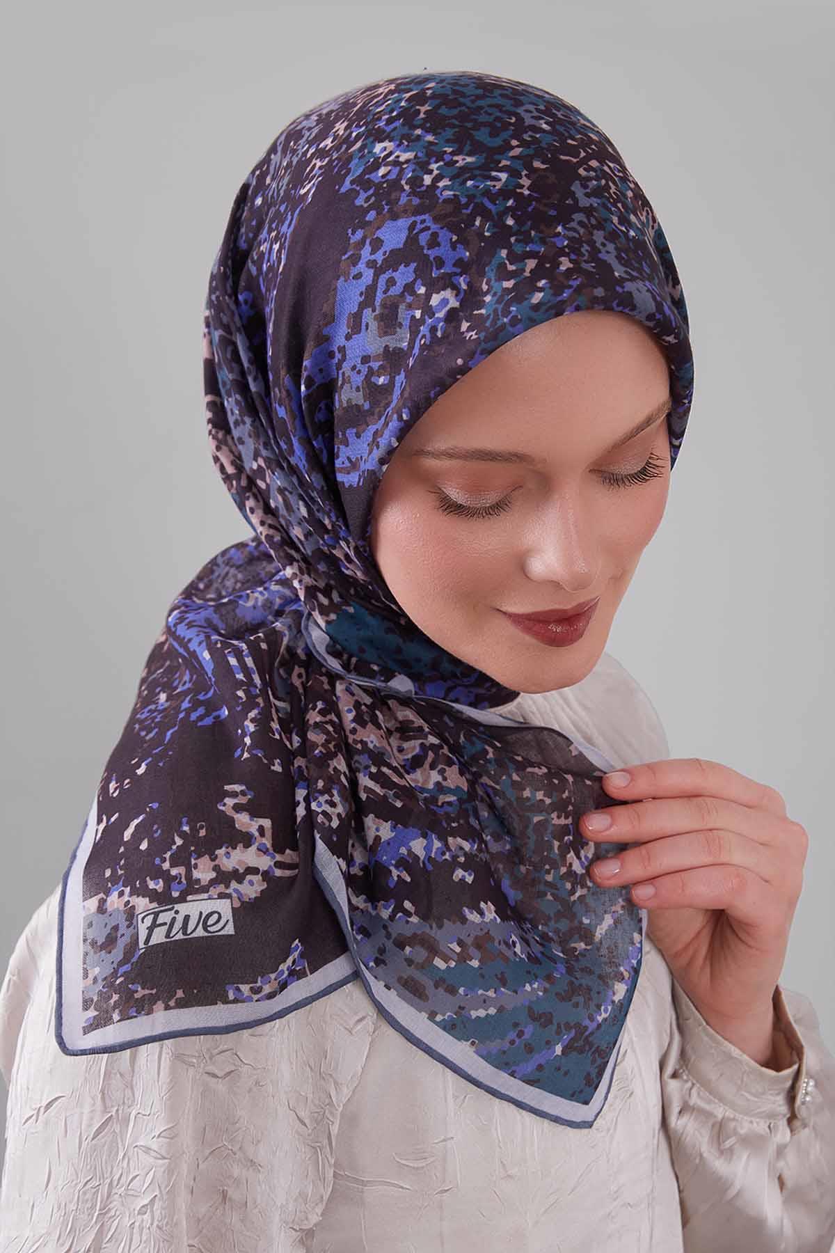 Fivescarf Koyu Gri Mozaik Desen Silk Coton Eşarp