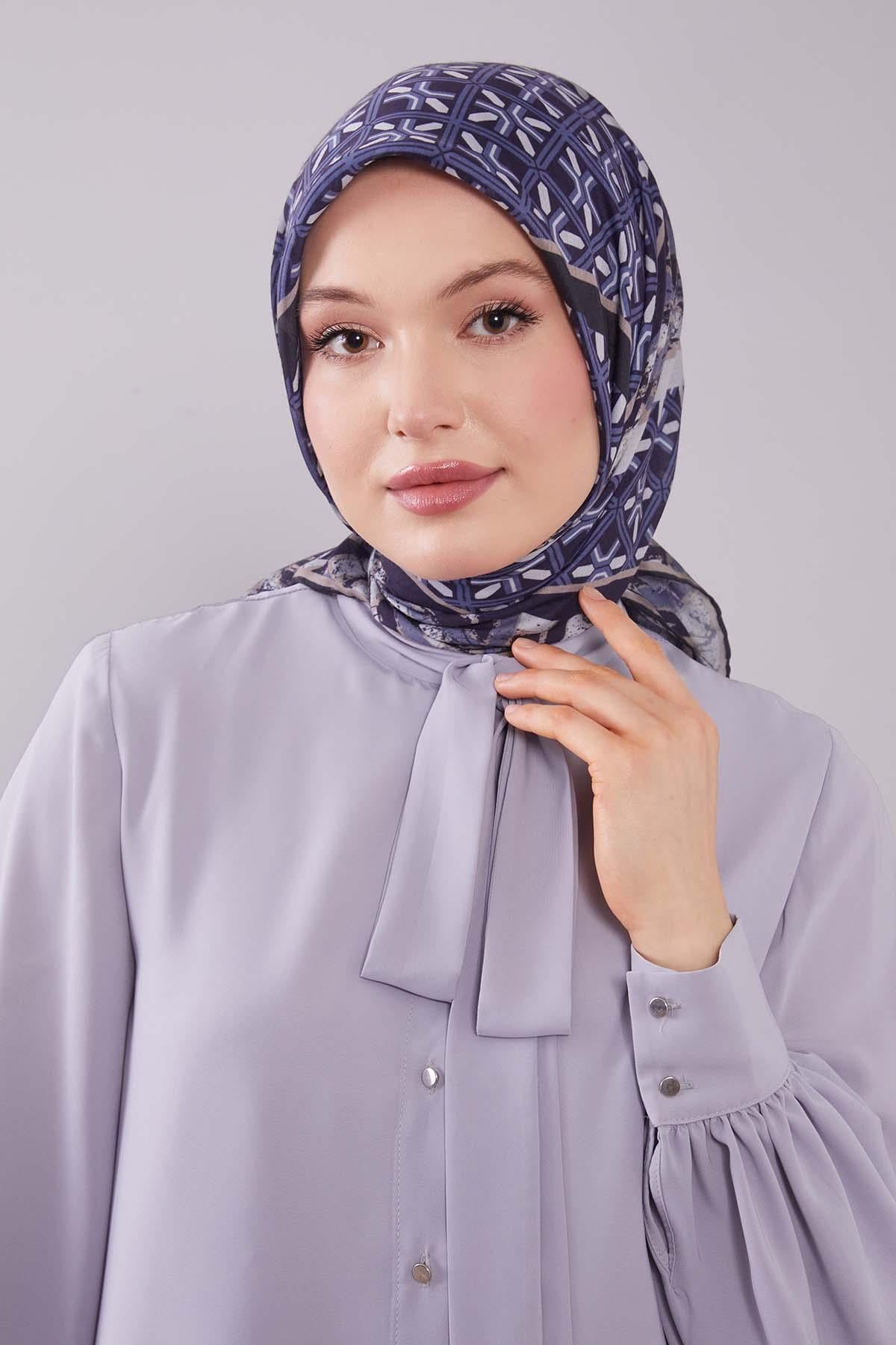 Fivescarf Lacivert Geometri Desen Silk Cotton Eşarp