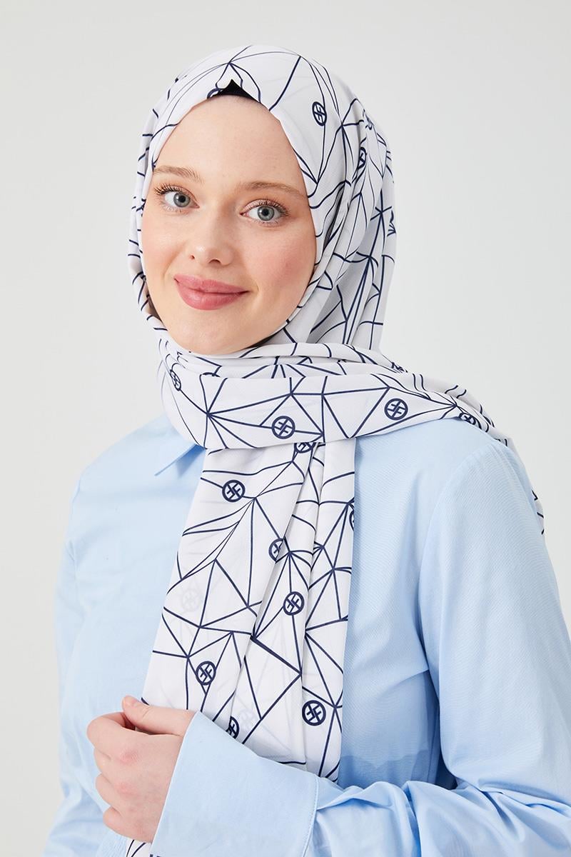 Fivescarf Lacivert Geometrik Desen Violet Medine İpeği Şal