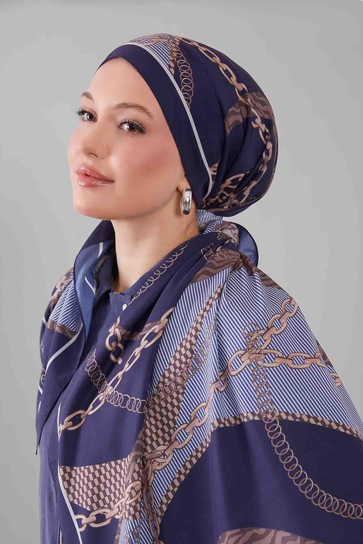 Fivescarf Lacivert Gold Zincir Desen Moos Chrep Şal
