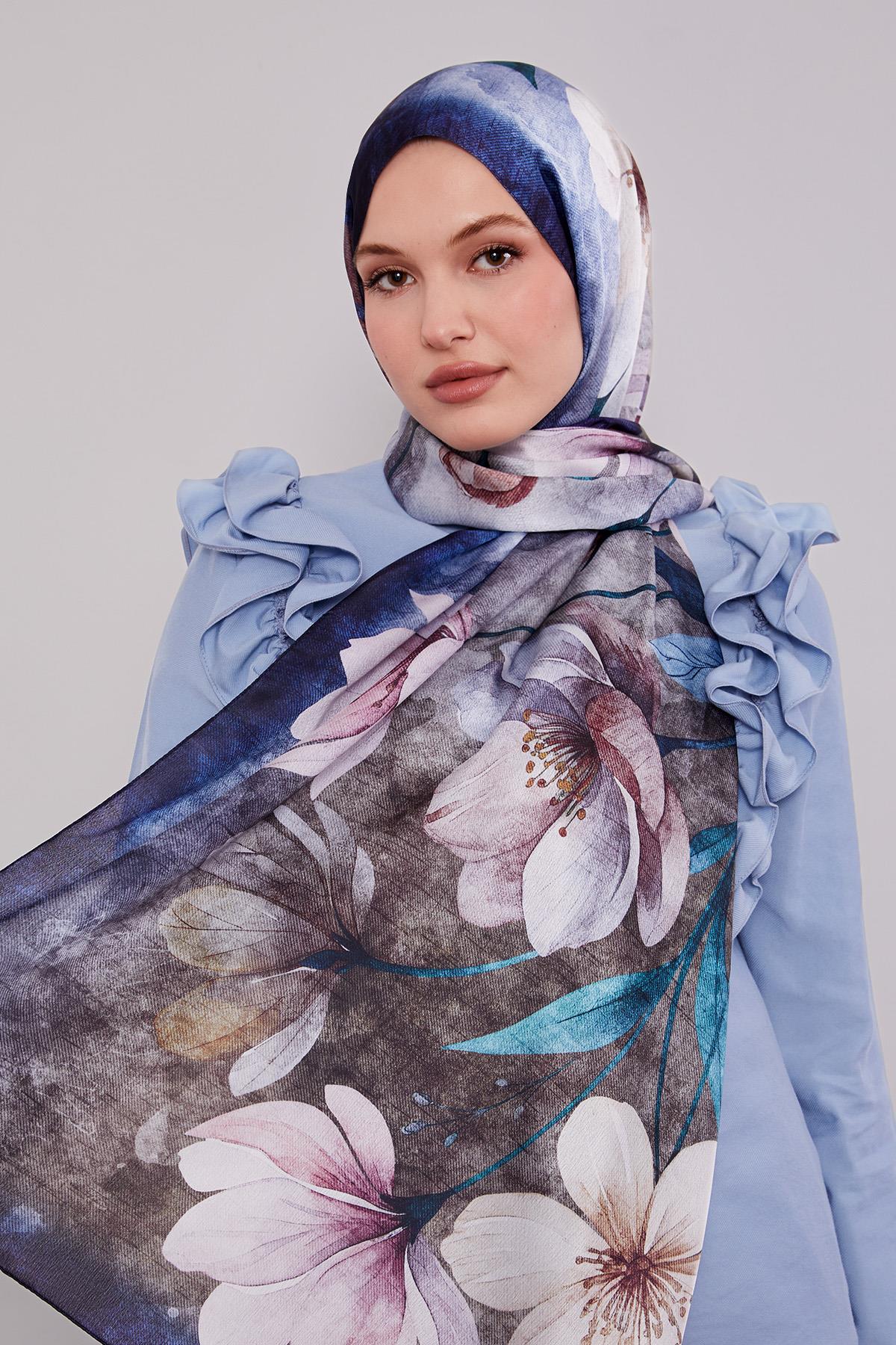 Fivescarf Lacivert Lale Desen Vual İpek Şal
