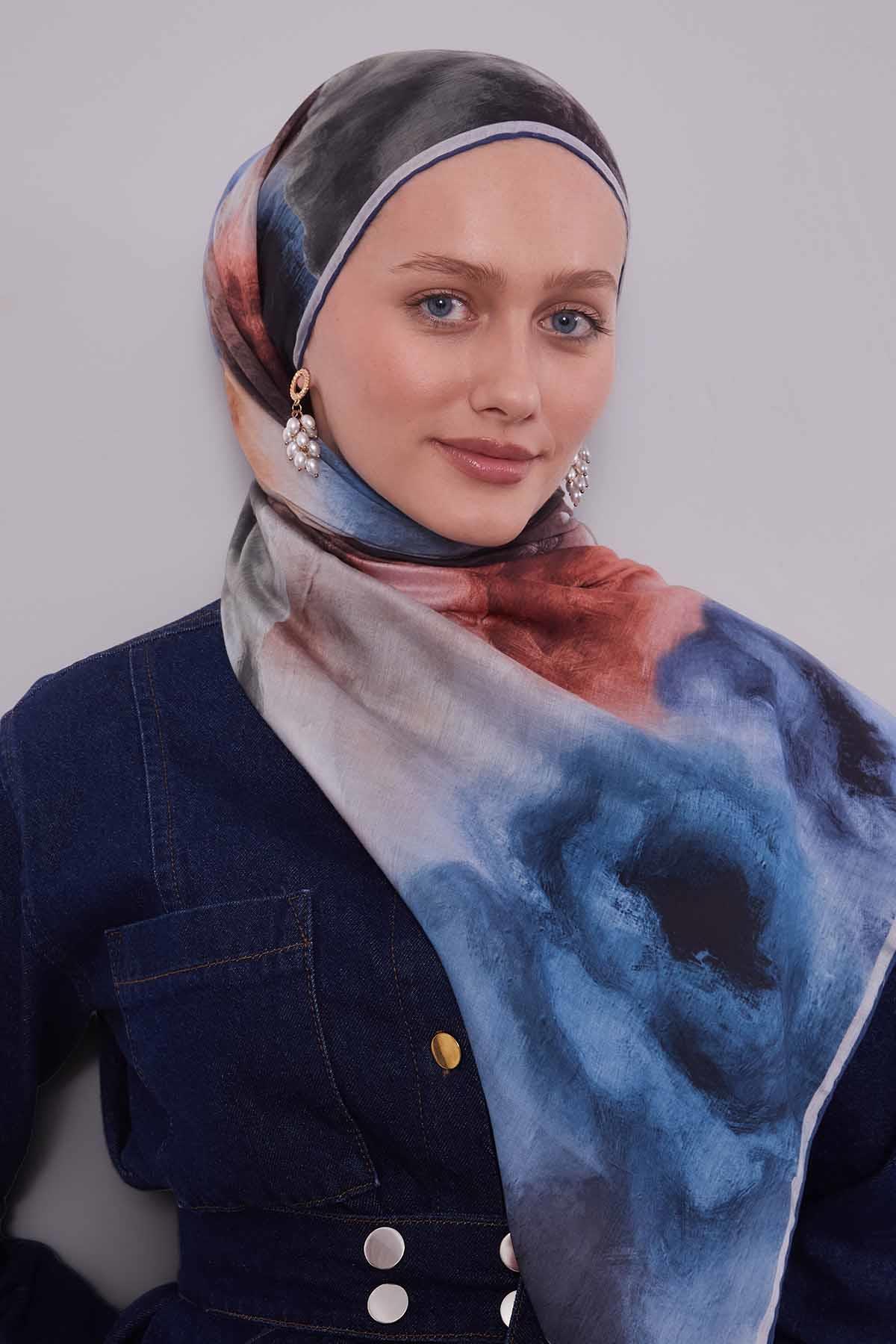 Fivescarf Lacivert Lotus Çiçeği Silk Coton Eşarp