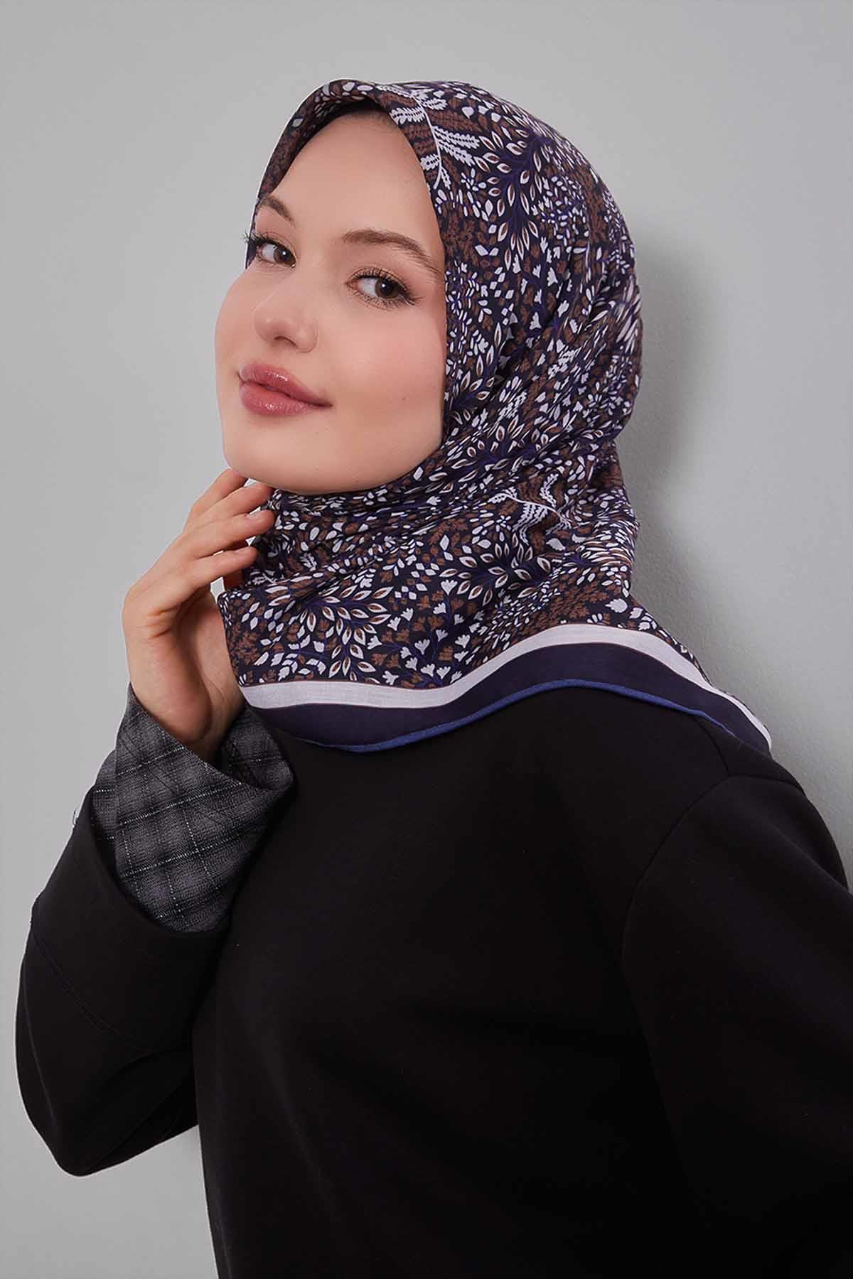 Fivescarf Lacivert Mini Yaprak Desen Silk Coton Eşarp