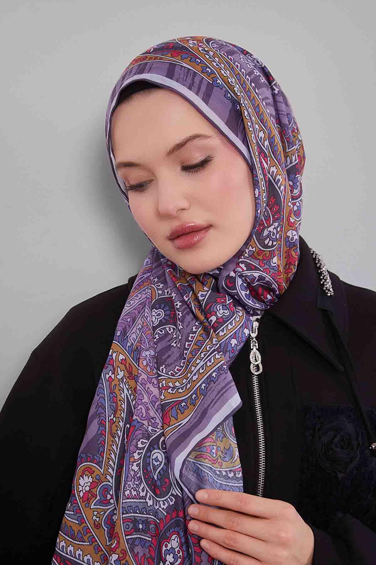 Fivescarf Lila Ebruli Desen Silk Coton Eşarp