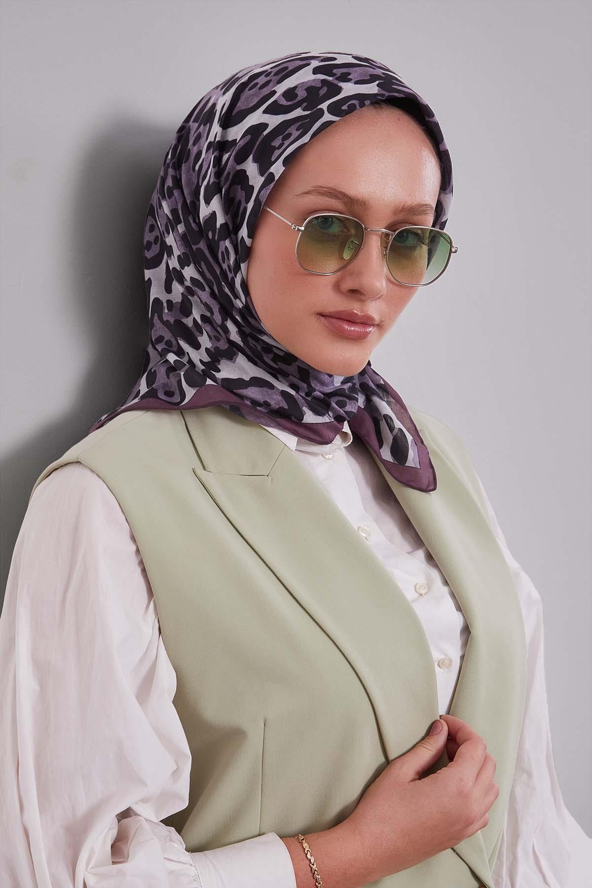 Fivescarf Lila Leopar Desen Silk Coton Eşarp