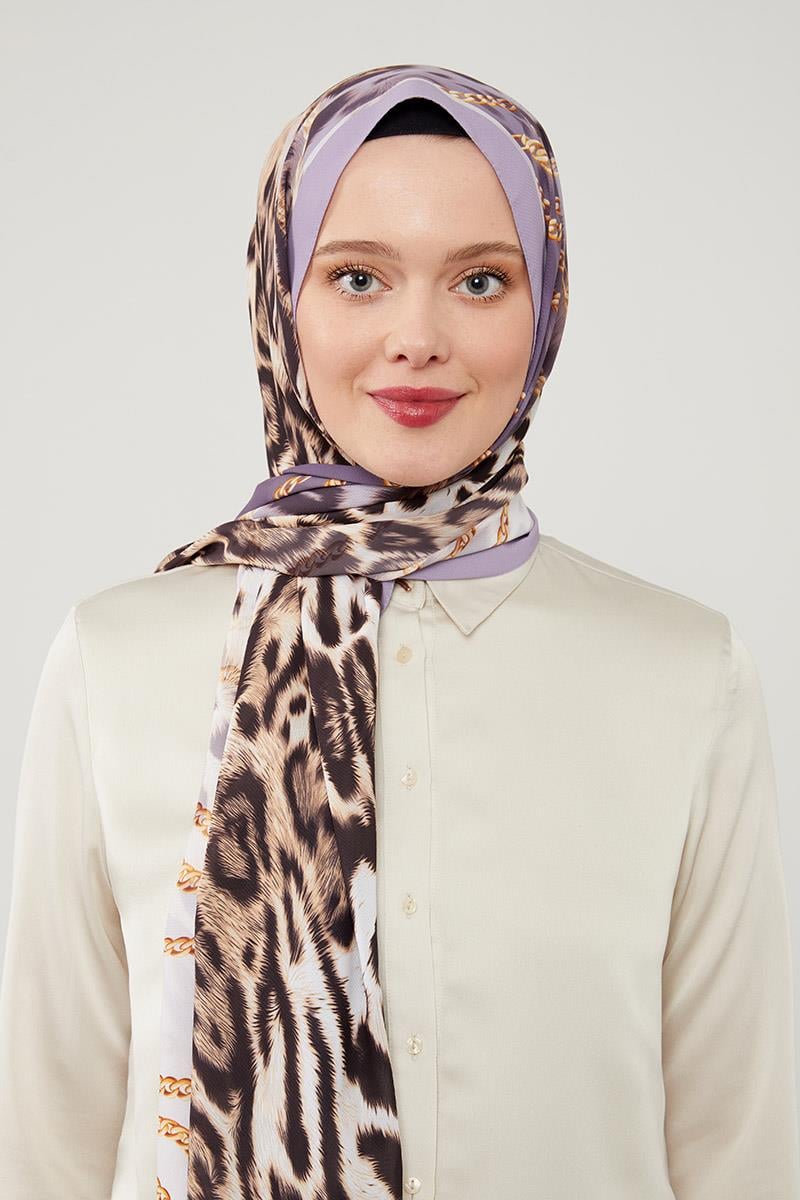Fivescarf Lila Leopar Desen Violet Medine İpeği Şal