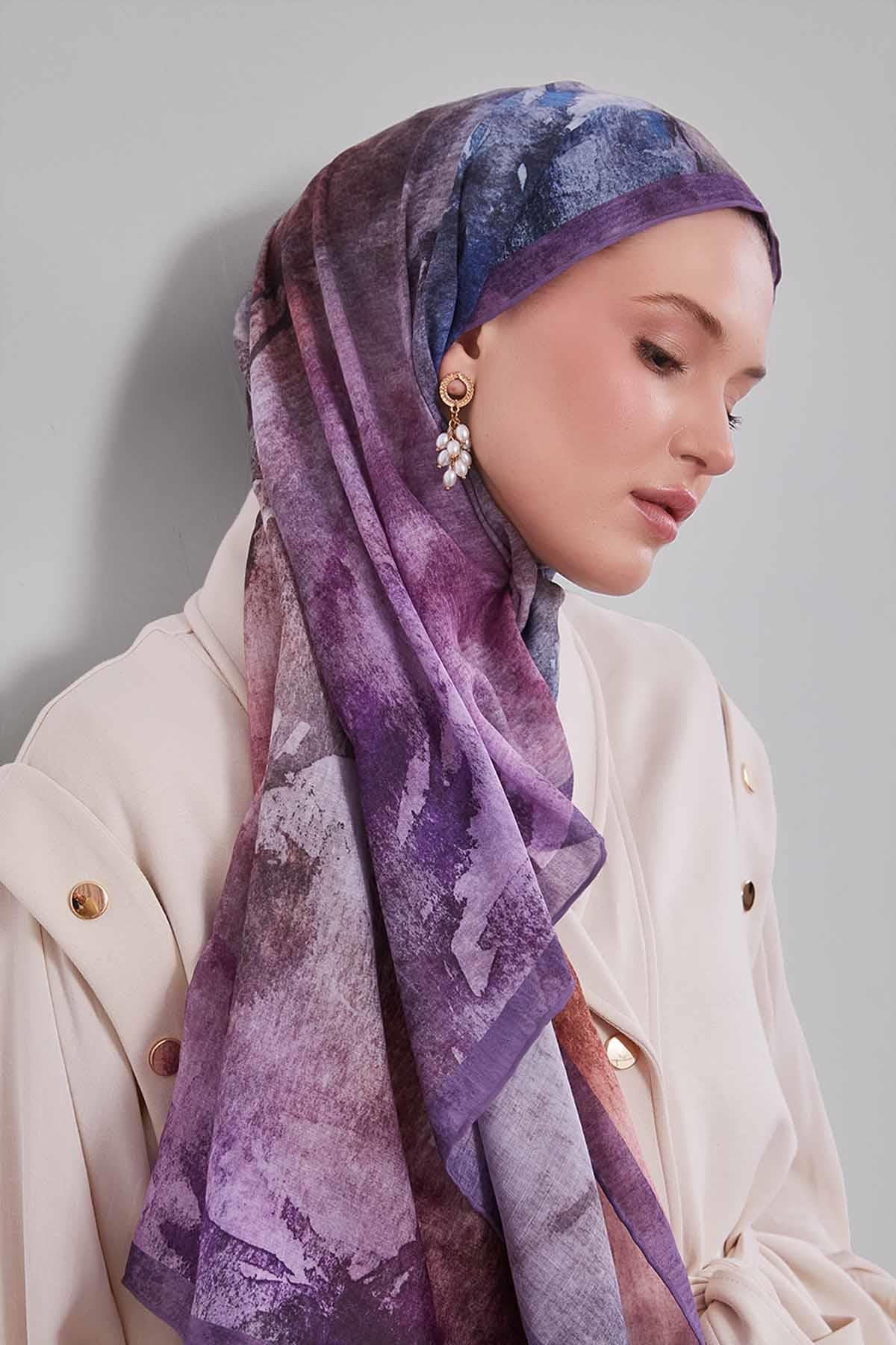 Fivescarf Lila Soyut Desen Silk Coton Eşarp