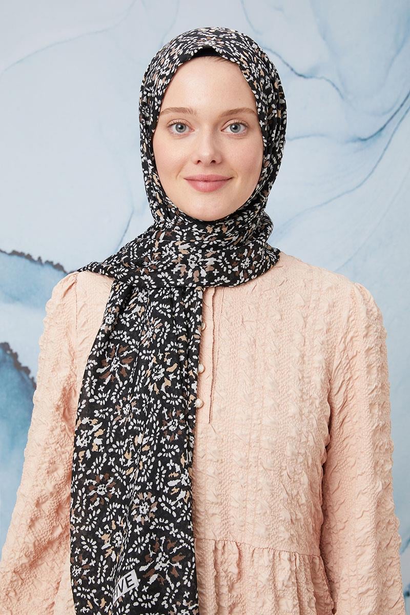 Fivescarf Mat Siyah Desenli Cotton Şal