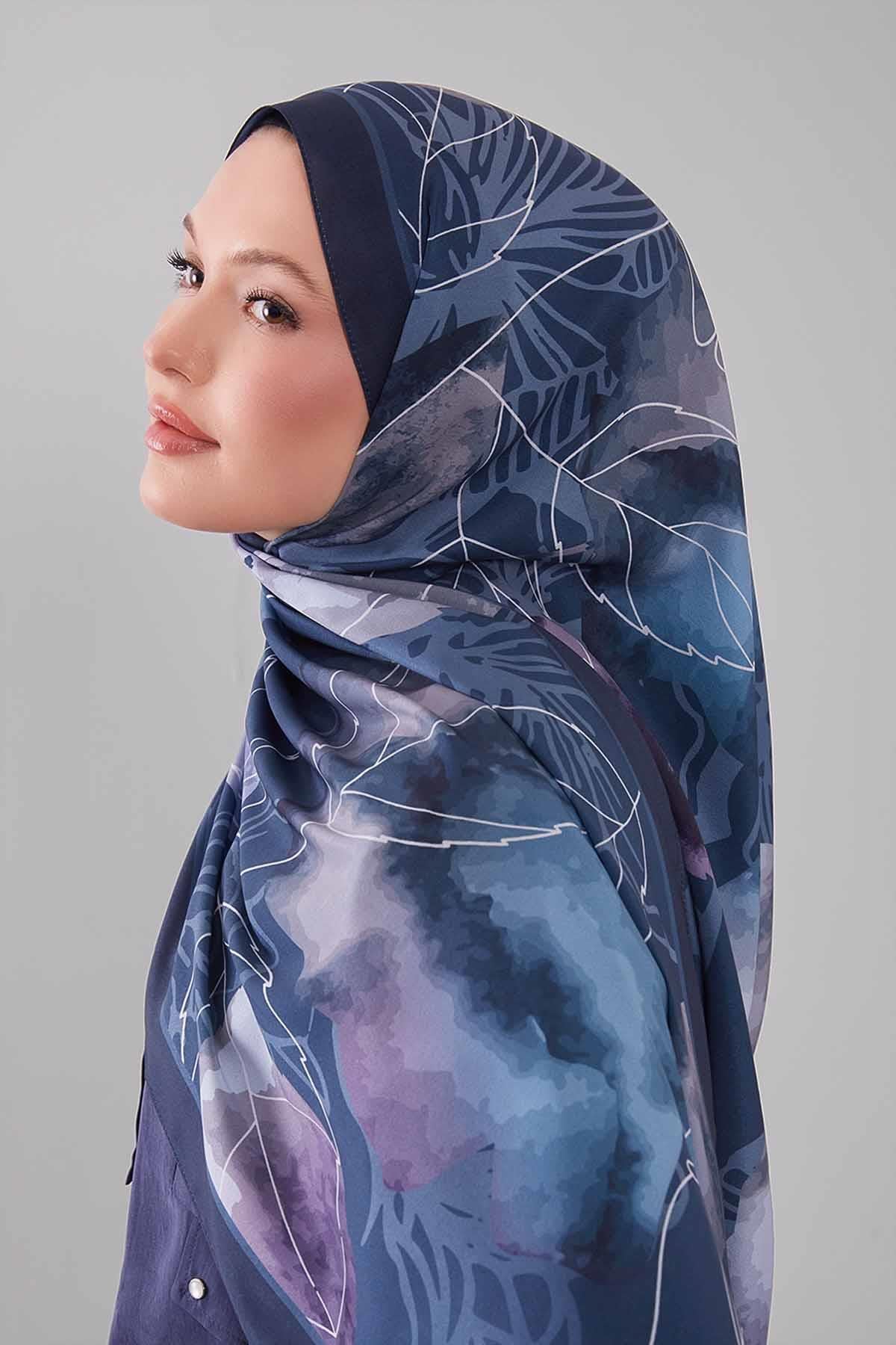 Fivescarf Mavi Akvarel Yaprak Desen Moos Chrep Şal