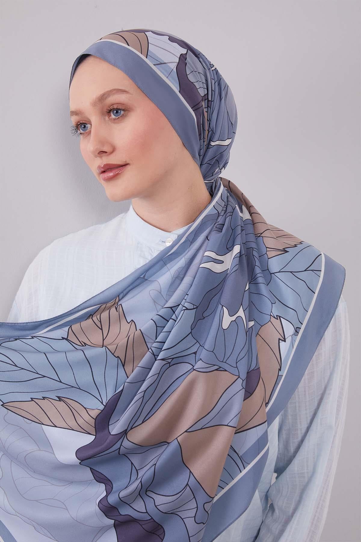 Fivescarf Mavi Çiçekli Floral Desen Moos Chrep Şal