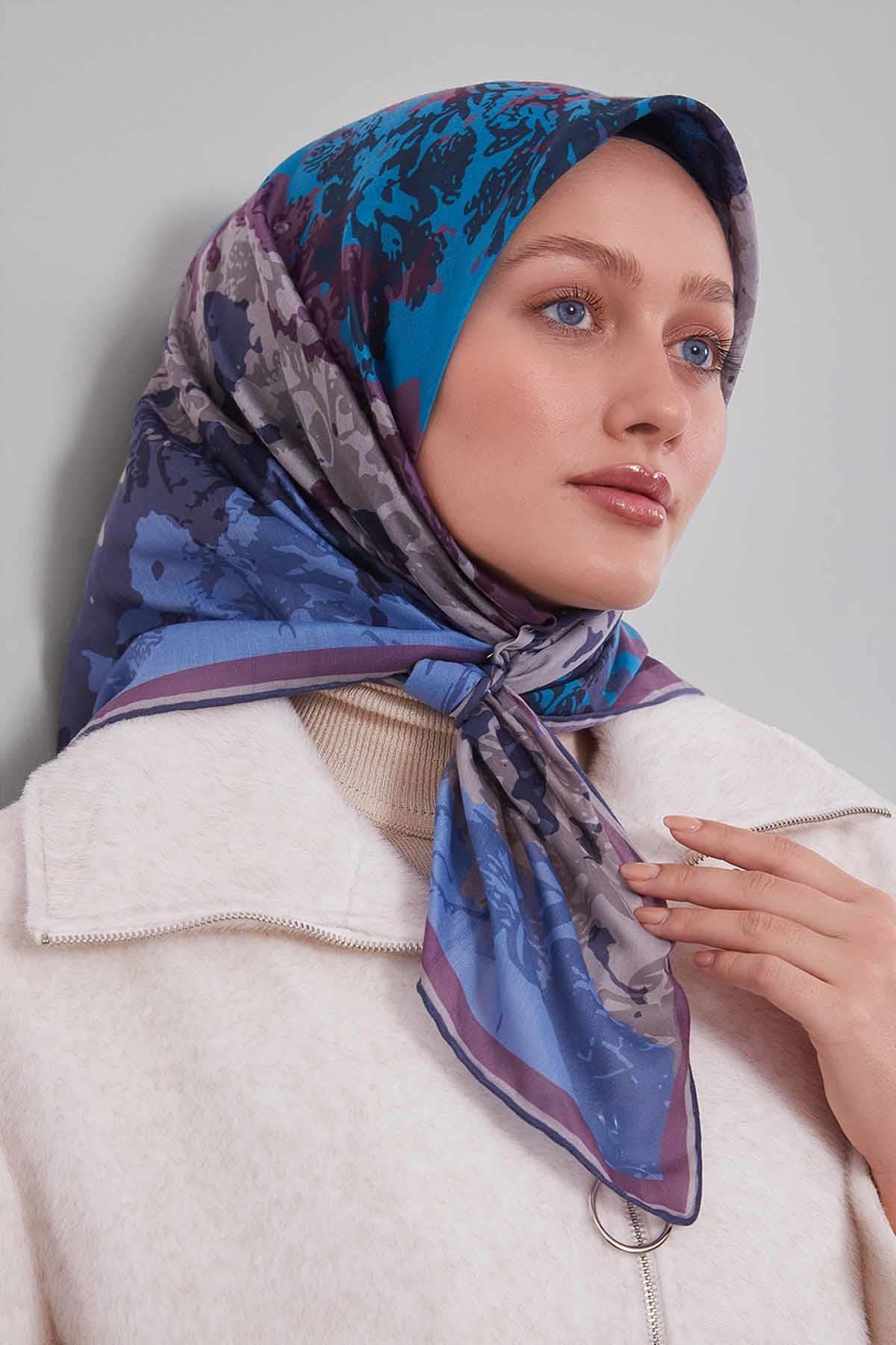Fivescarf Mavi Karışık Desen Silk Coton Eşarp