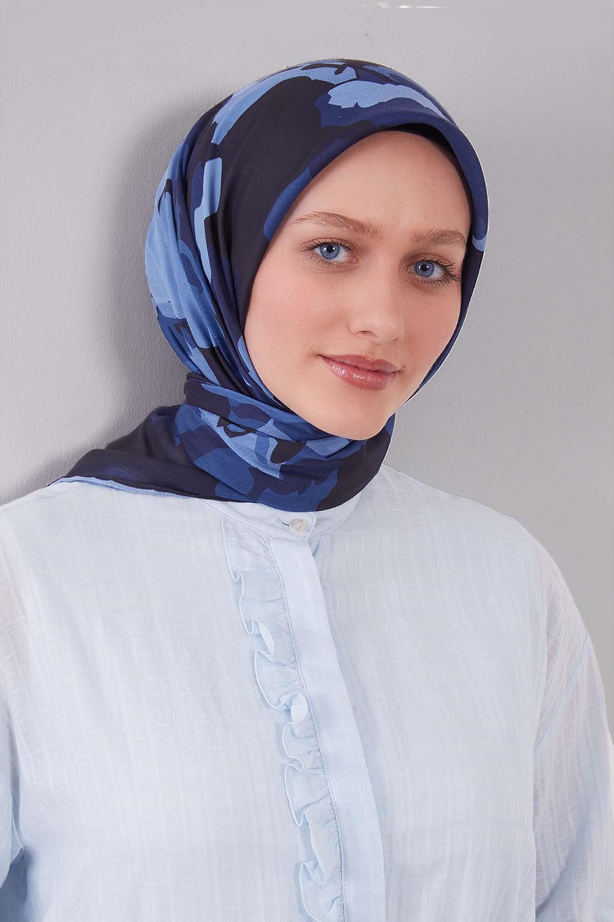 Fivescarf Mavi Karışık Desen Silk Coton Eşarp