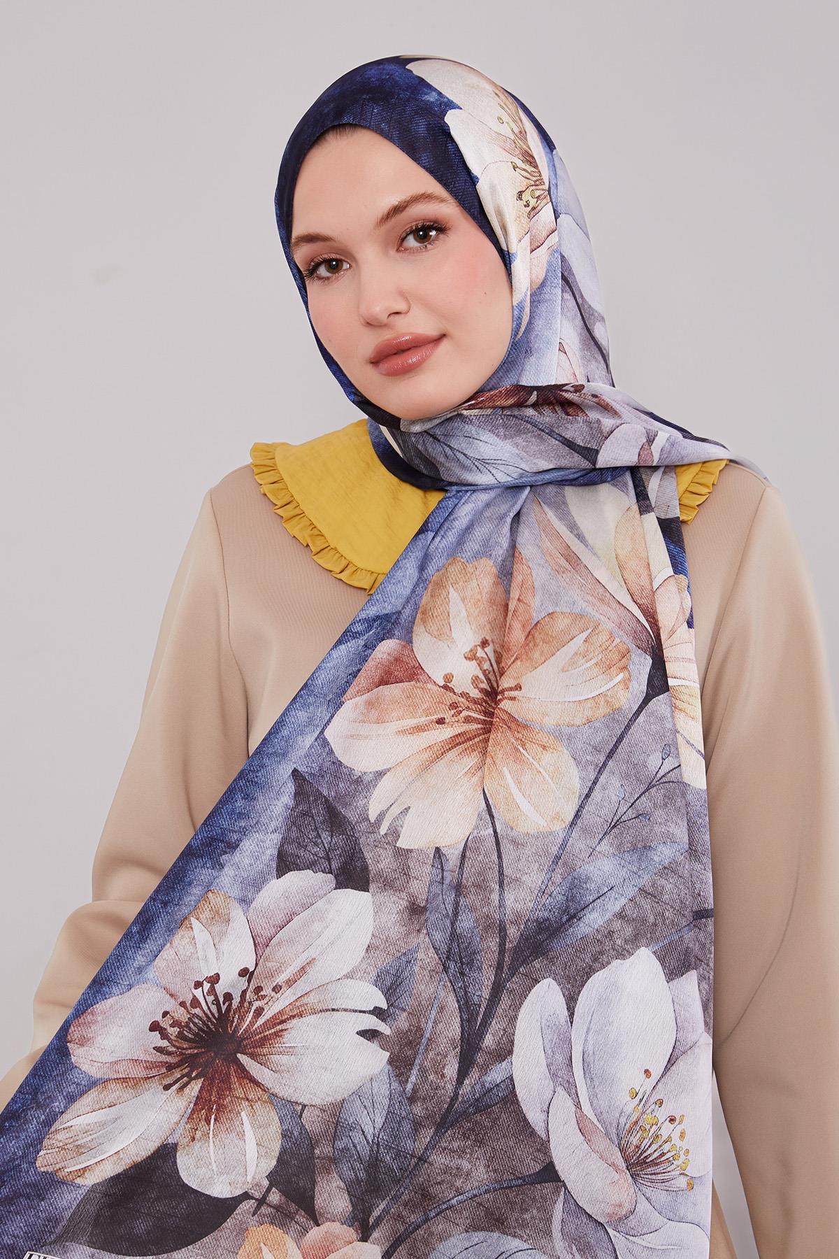 Fivescarf Mavi Lale Desen Vual İpek Şal