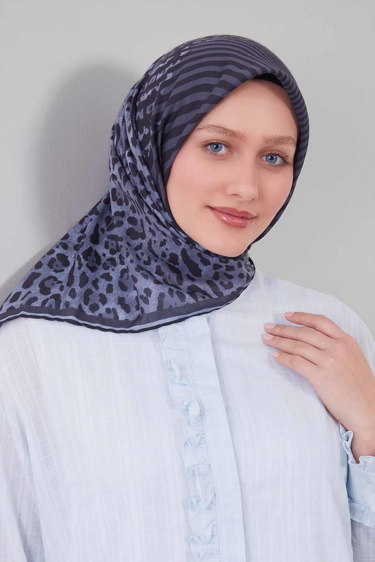 Fivescarf Mavi Leopar Desen Silk Coton Eşarp
