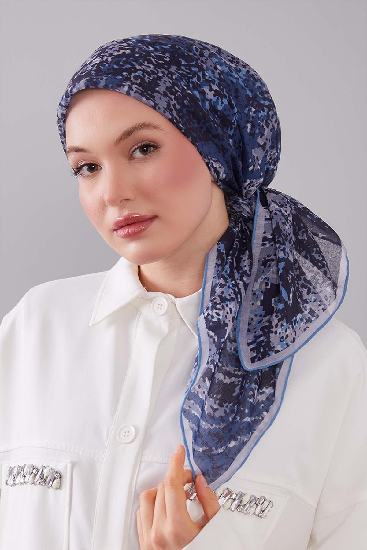 Fivescarf Mavi Mozaik Desen Silk Coton Eşarp