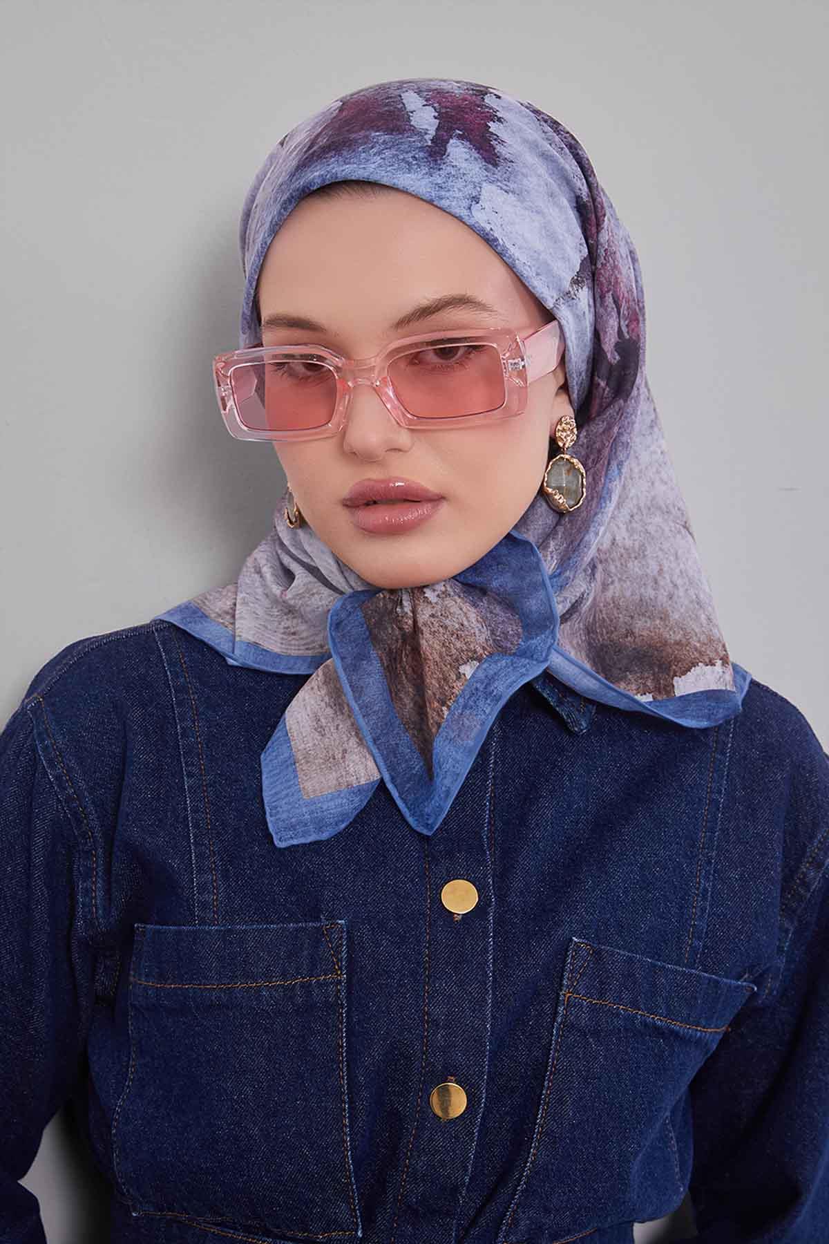 Fivescarf Mavi Soyut Desen Silk Coton Eşarp