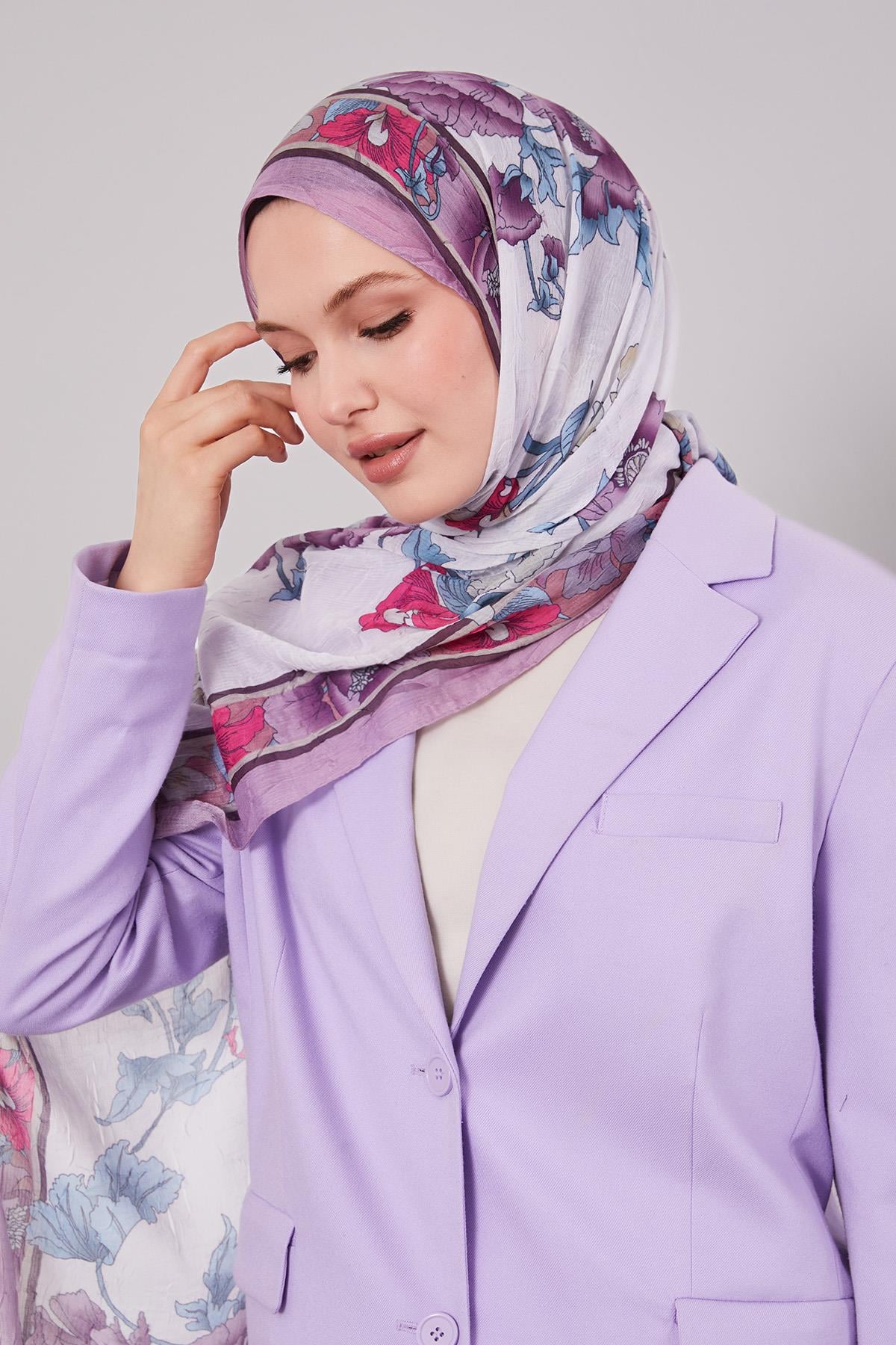 Fivescarf Menekşe Kenar Çiçek Desenli Craze Comfort Şal