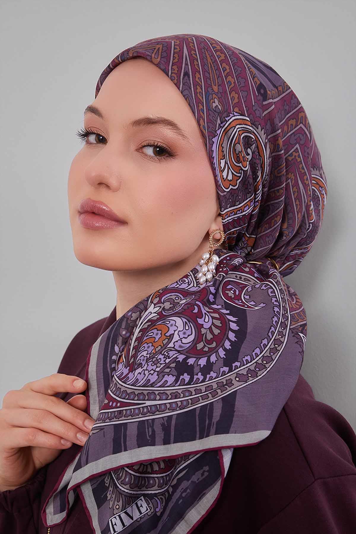 Fivescarf Mor Ebruli Desen Silk Coton Eşarp
