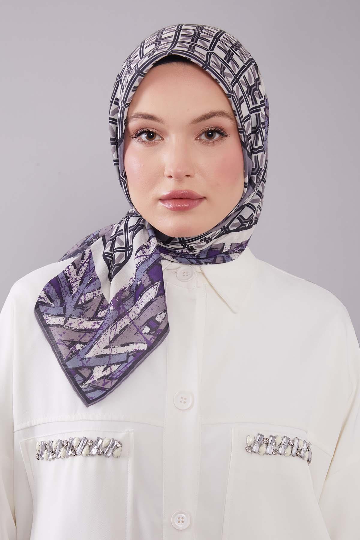 Fivescarf Mor Geometri Desen Silk Cotton Eşarp