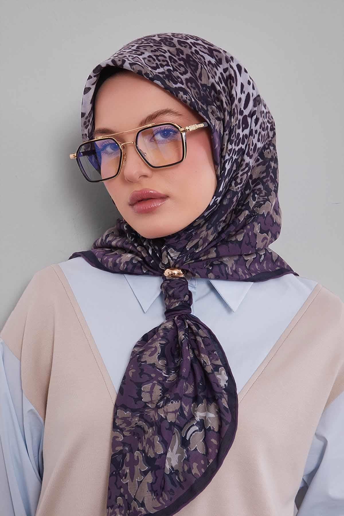 Fivescarf Mor Karışık Leopar Desen Silk Coton Eşarp