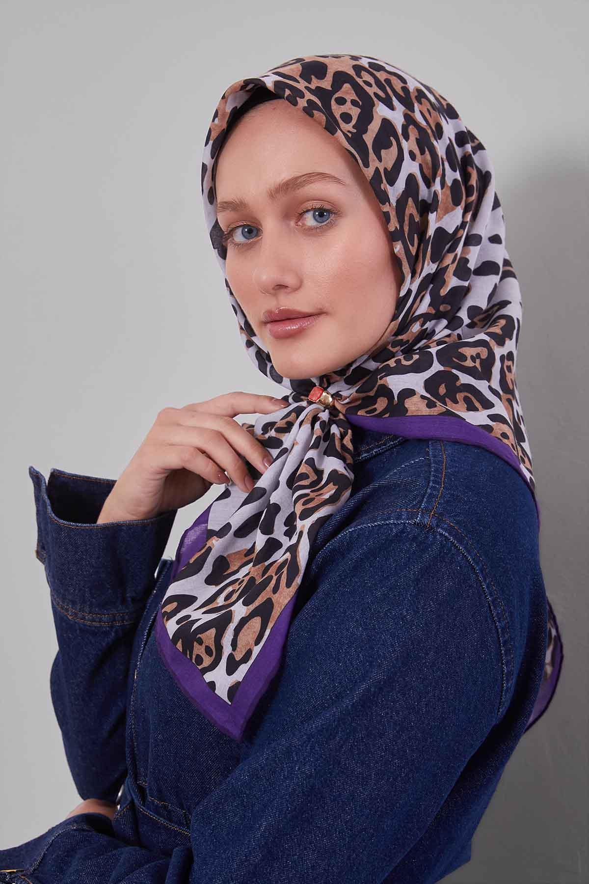 Fivescarf Mor Leopar Desen Silk Coton Eşarp