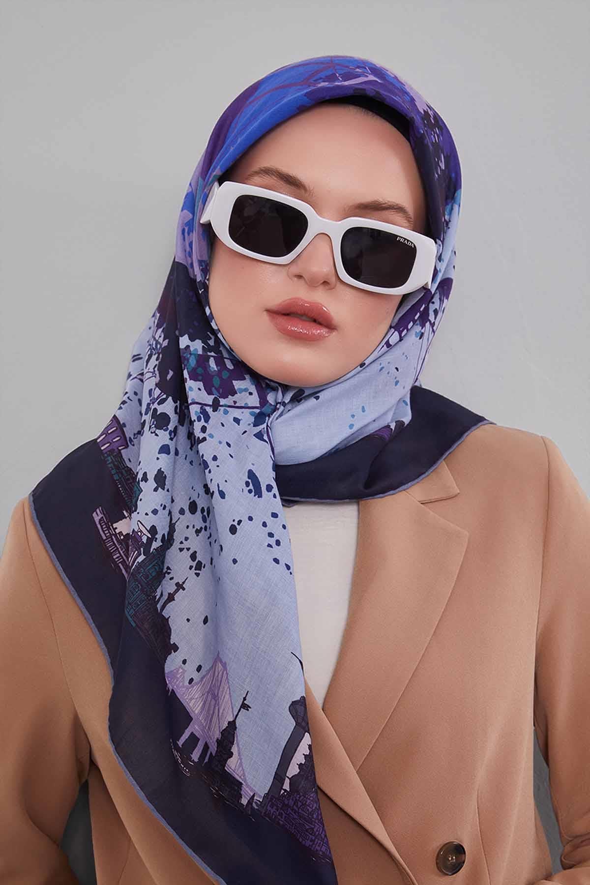 Fivescarf Mor Manzara Desen Silk Coton Eşarp