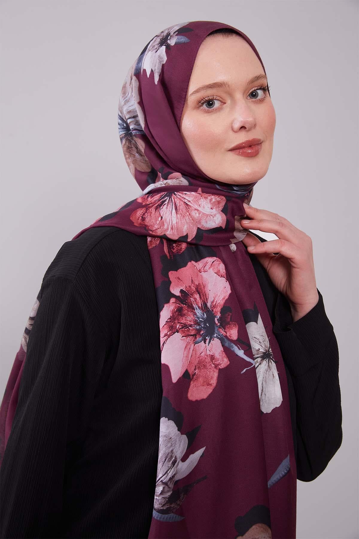 Fivescarf Mürdüm Çicek Desen Clover Şal