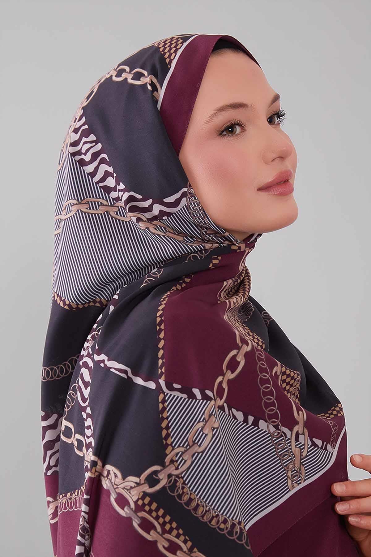 Fivescarf Mürdüm Gold Zincir Desen Moos Chrep Şal