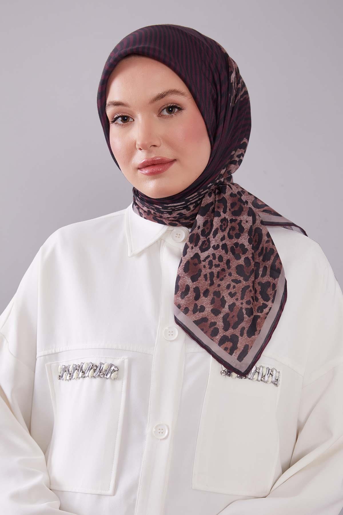 Fivescarf Mürdüm Leopar Desen Silk Coton Eşarp