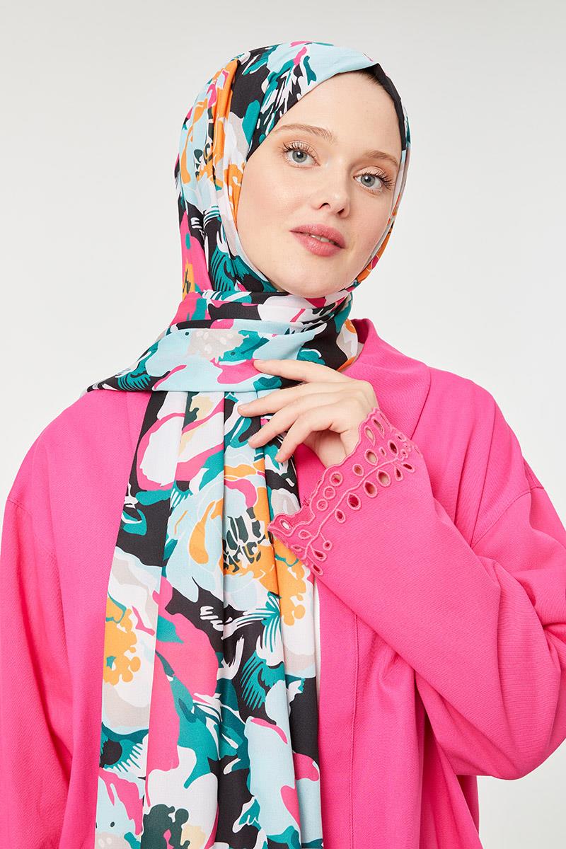 Fivescarf Neon Pembe Çiçek Desenli Mono Şal