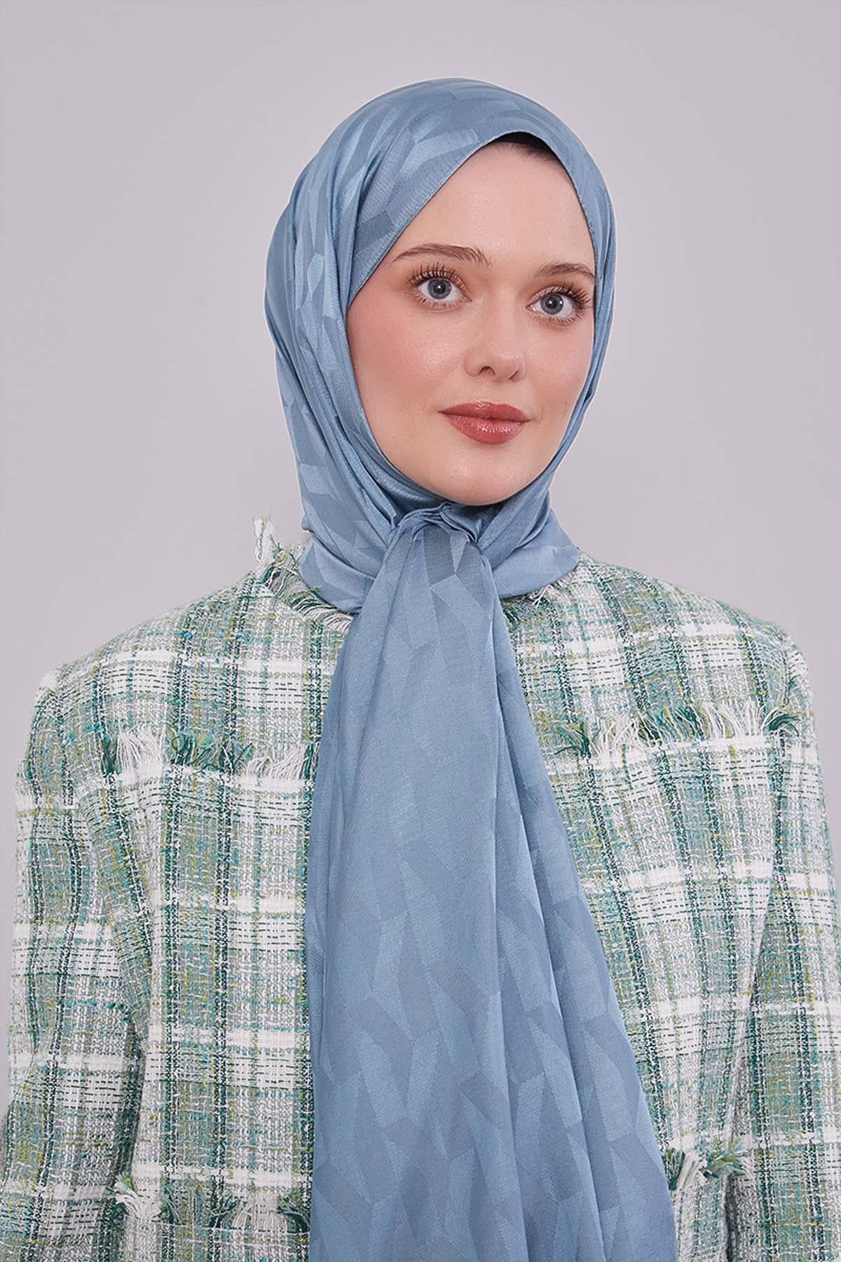 Fivescarf Petrol Mavi Geometrik Desen Jakar Şal