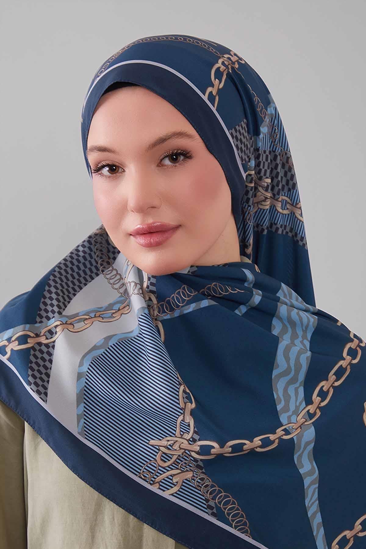 Fivescarf Petrol Mavi Gold Zincir Desen Moos Chrep Şal