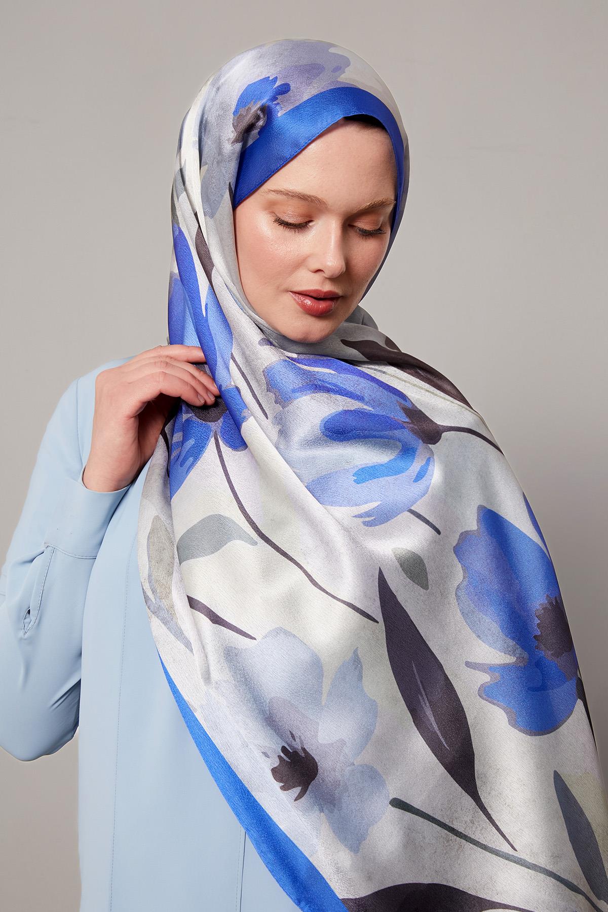 Fivescarf Saks Somut Çiçek Desenli Vual İpek Şal