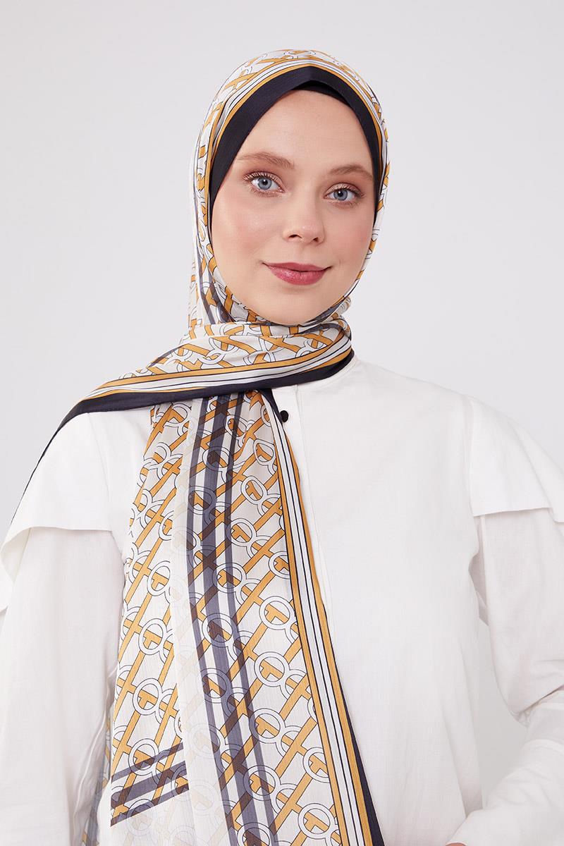Fivescarf Siyah-Gold Şeritli Halka Desen Brand Şal
