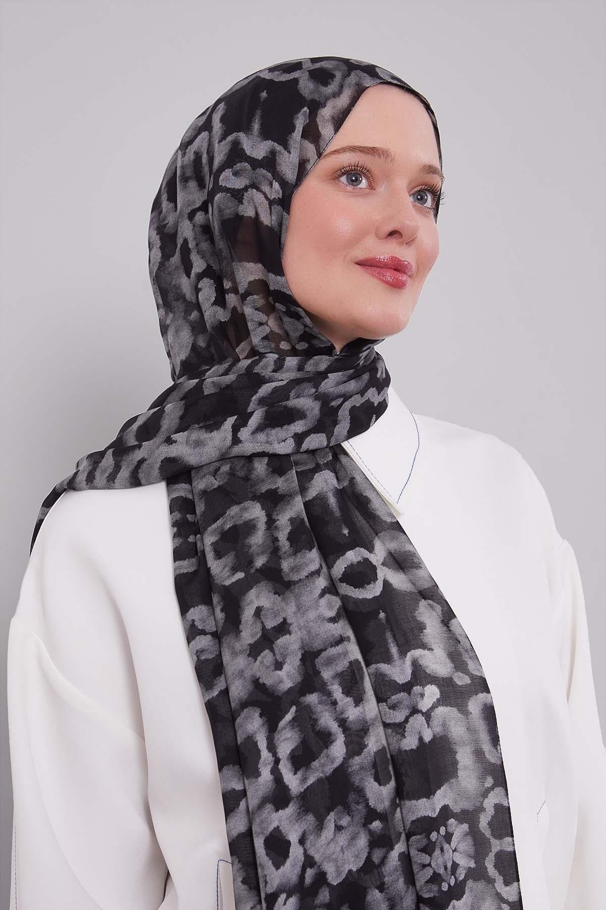 Fivescarf Siyah-Gri Leopar Desen Vivian Şal