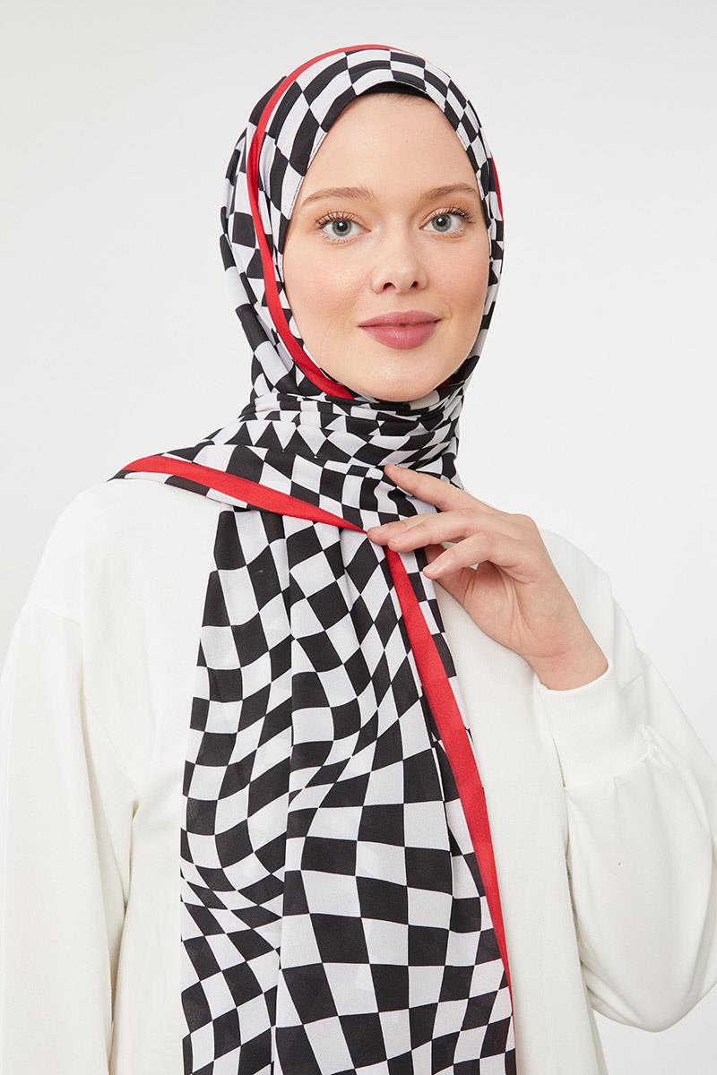 Fivescarf Siyah-Kırmızı Dama Desen Mono Krep Şal