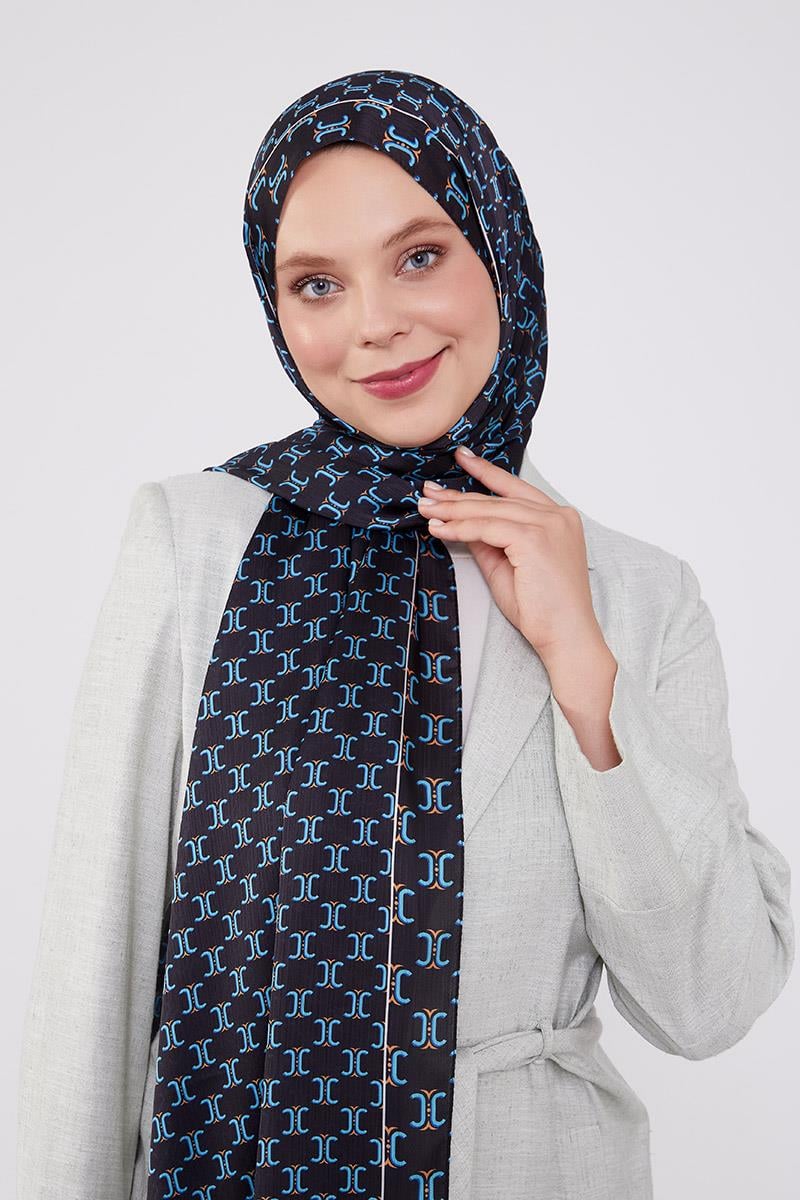 Fivescarf Siyah-Mavi Çift Renkli Brand Şal