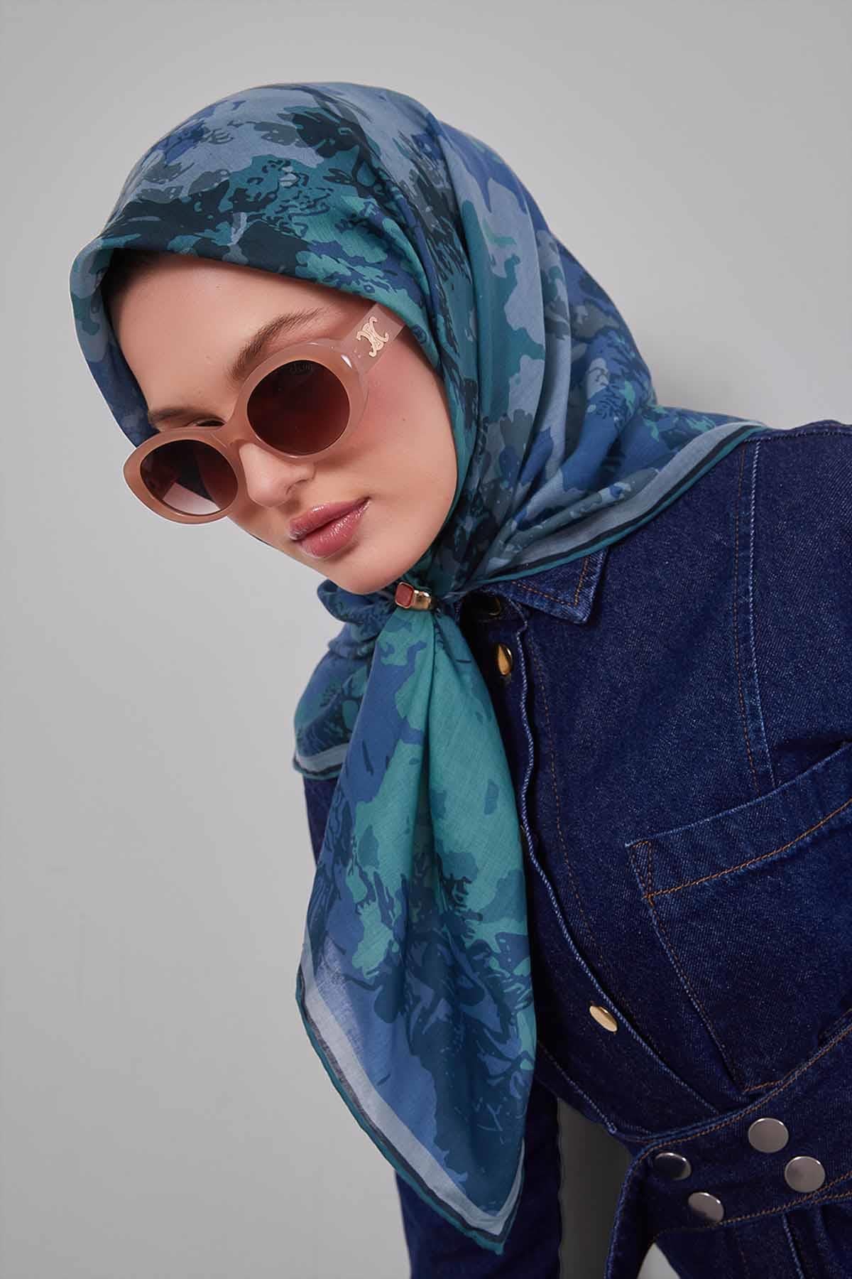 Fivescarf Su Yeşili Karışık Desen Silk Coton Eşarp