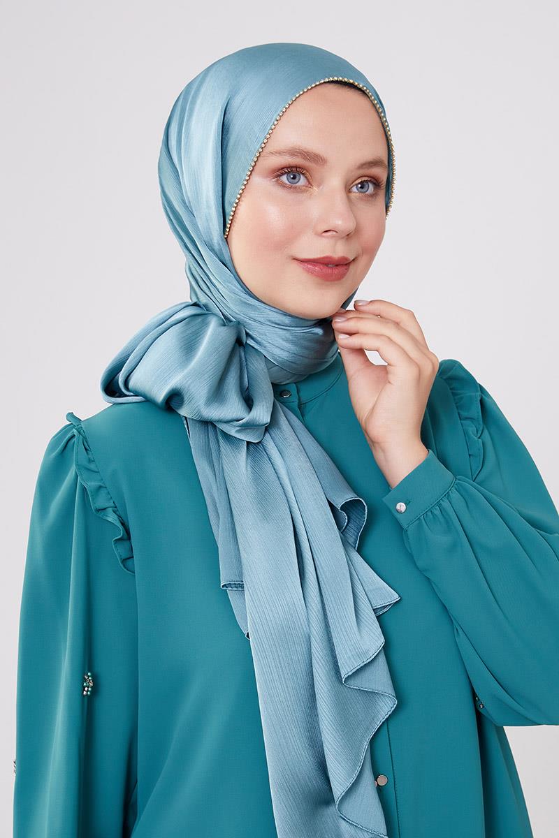 Fivescarf Su Yeşili Yanları Taş Şeritli Brilant Şal